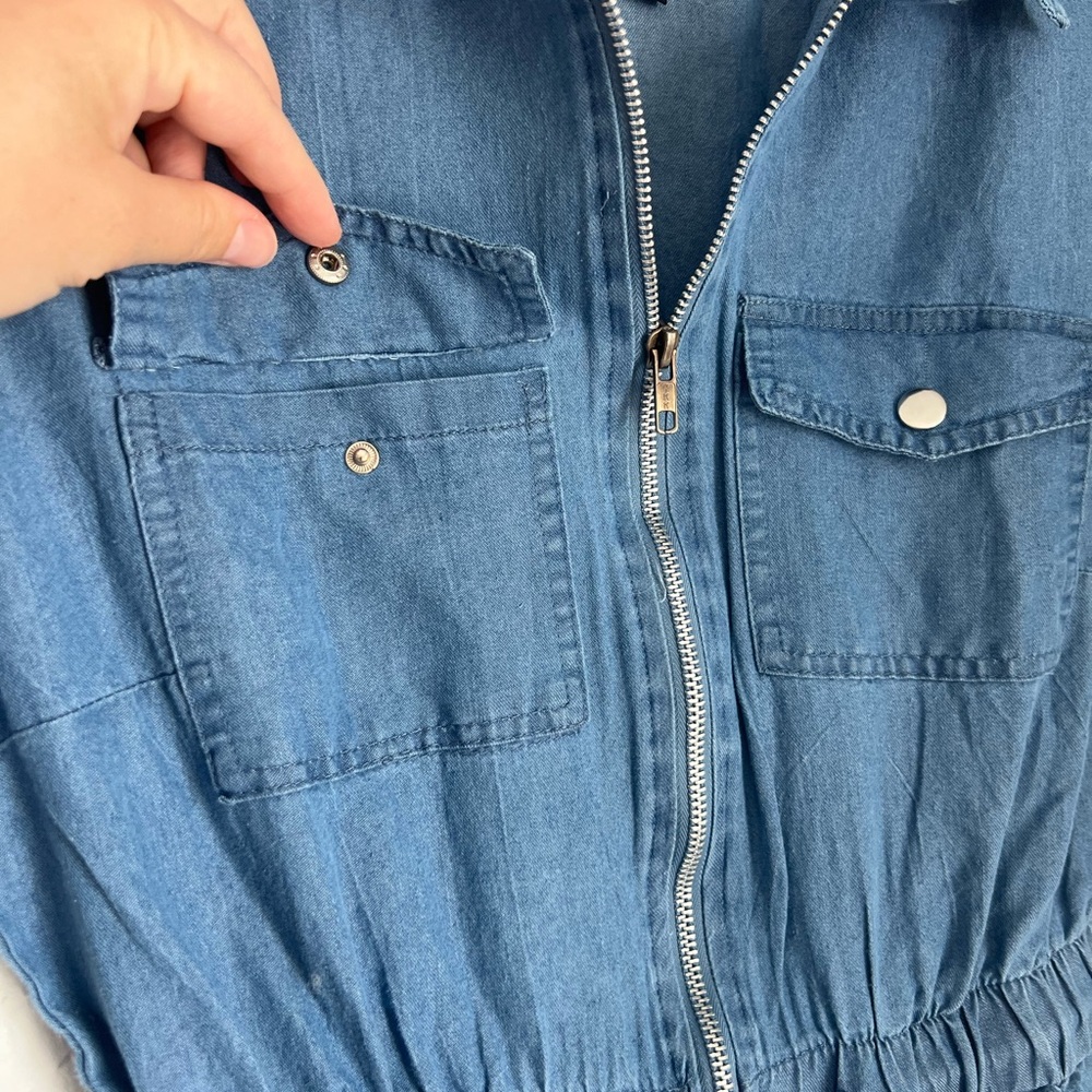Helium London Blue Cotton Chambray Denim Jumpsuit Zip Front Drawstring Waist M - Picture 8 of 10